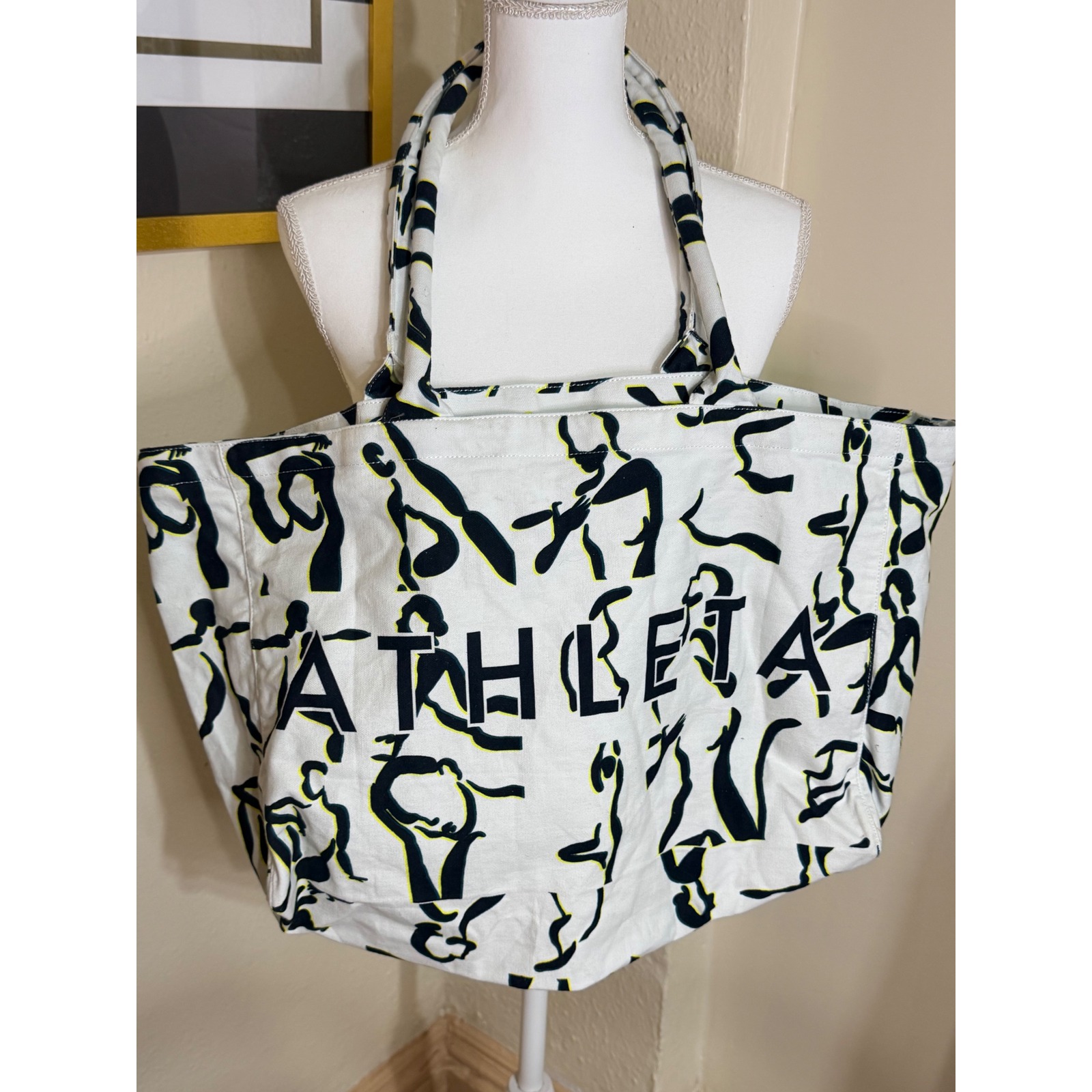 Athleta Canvas Tote Bag White Black Neon Yellow Yoga Silhouette Graphic Nwt